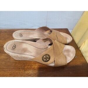 UGG Women's Sandals Lyra Size 9 Taupe Tan Leather Wedge Cork Heel Pre-owned